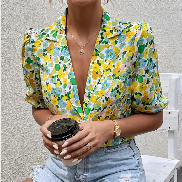 Floral Yellow Green Blue Button Down Puff Sleeve Shirt Lapel V-Neck - Picture 1 of 8